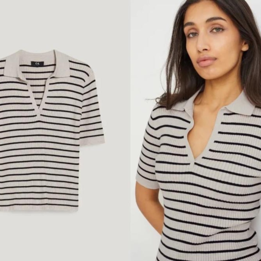 Striped Ribbed Shirt by C&A, Cream and Black, Medium